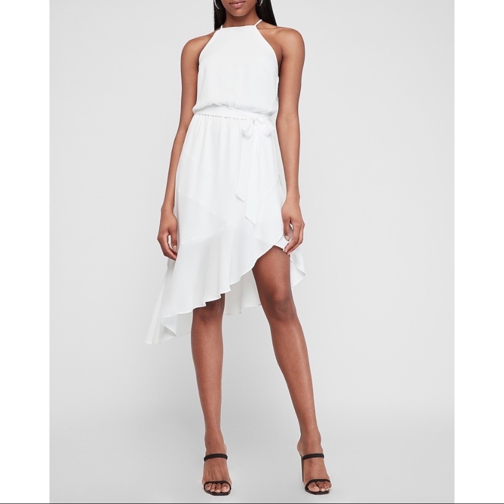 EXPRESS Asymmetrical Ruffle Wrap Midi Dress